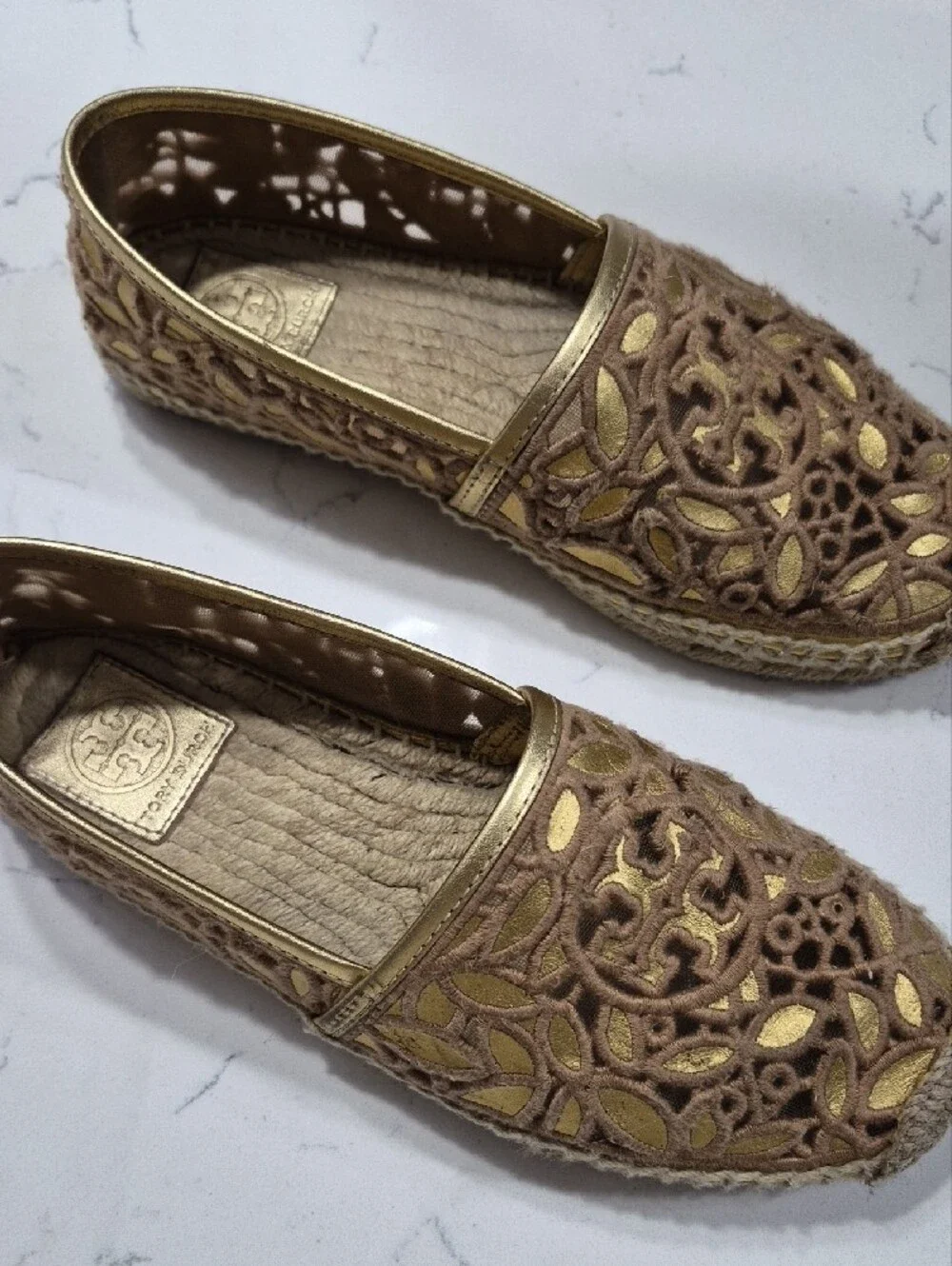Tory Burch Gold and Tan Laser-Cut Espadrille Flats